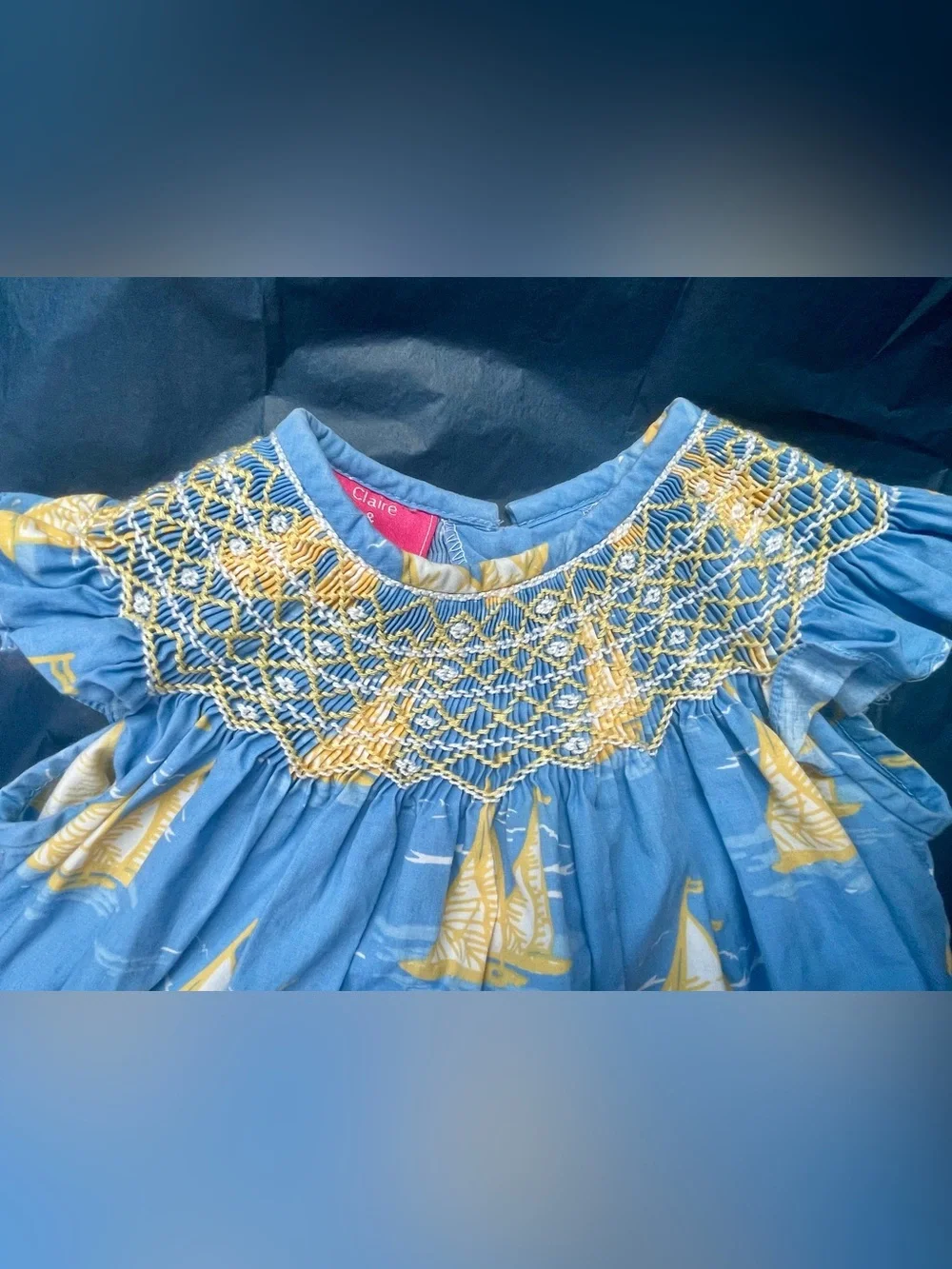 Claire & Charlie Smocked Sailboat Baby Dress Blue, Yellow 9 months
